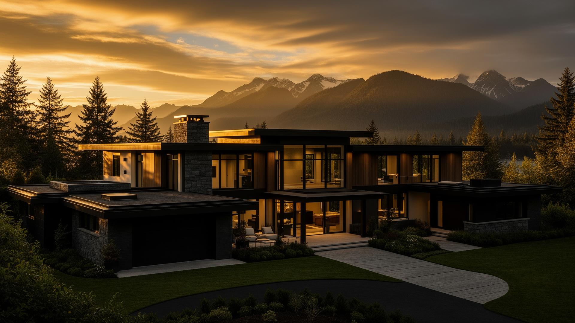 Luxury Pacific Northwest home at golden hour